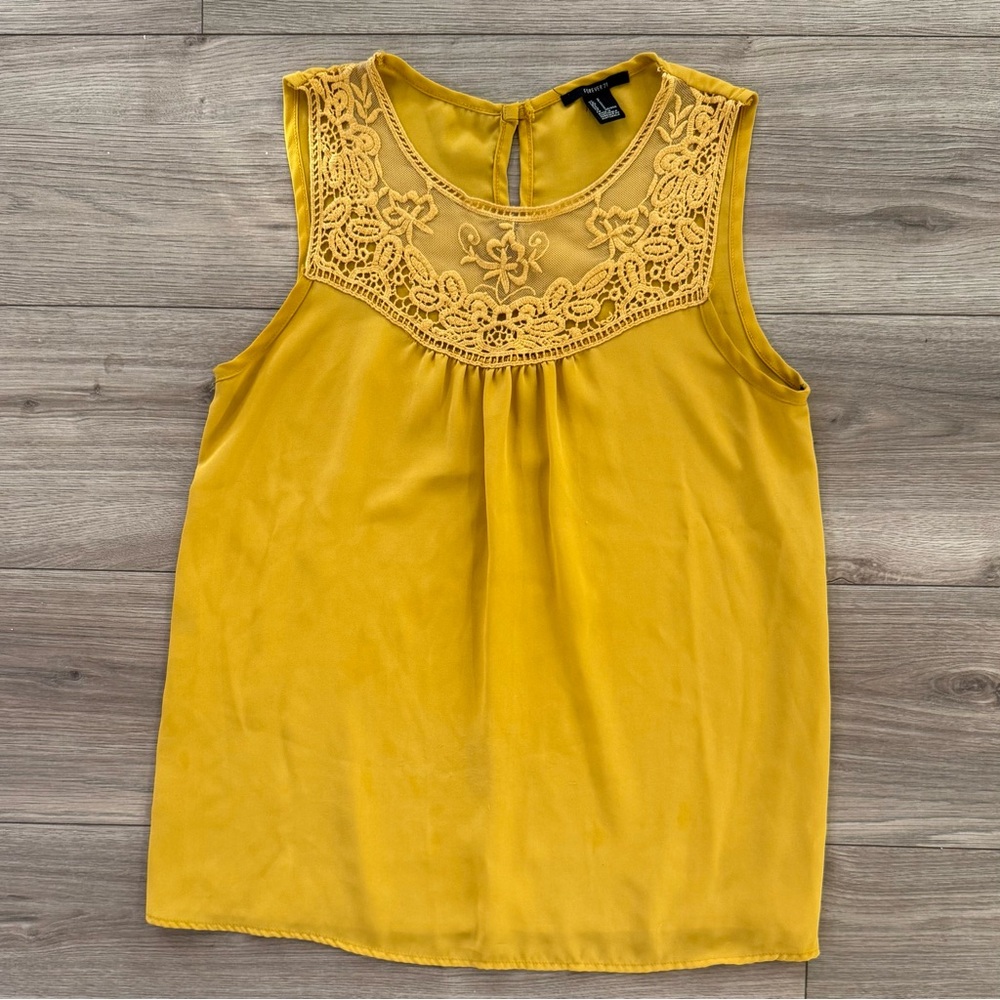 Forever 21 Yellow Embellished Sleeveless Blouse with Bib Collar
